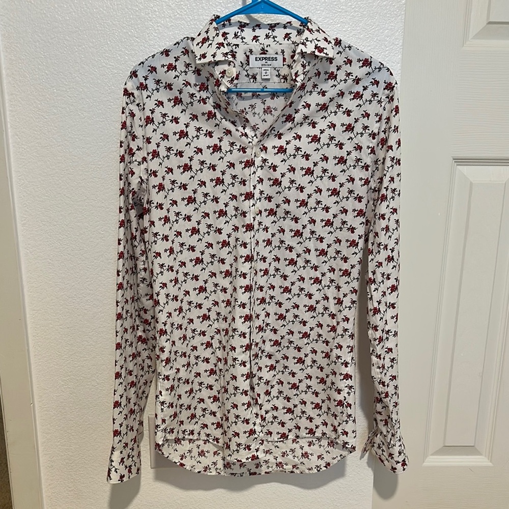 Express White and Red Floral Dress Shirt